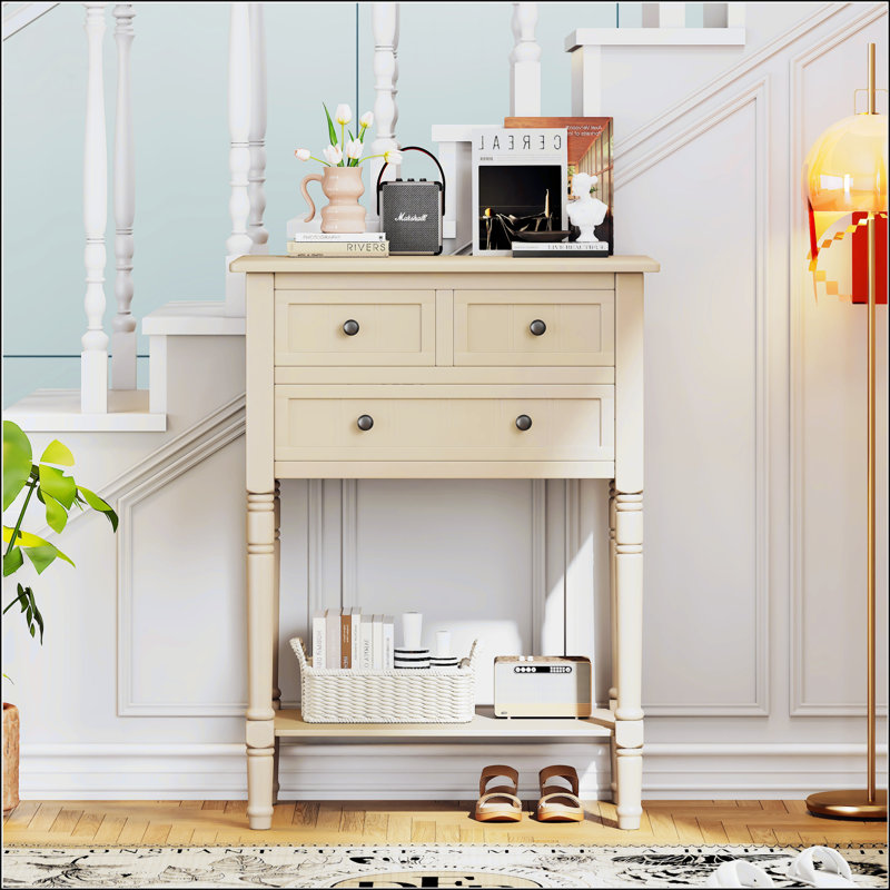Narrow Console Table Slim Sofa Table With Three Storage Drawers And Bottom Shelf Beige